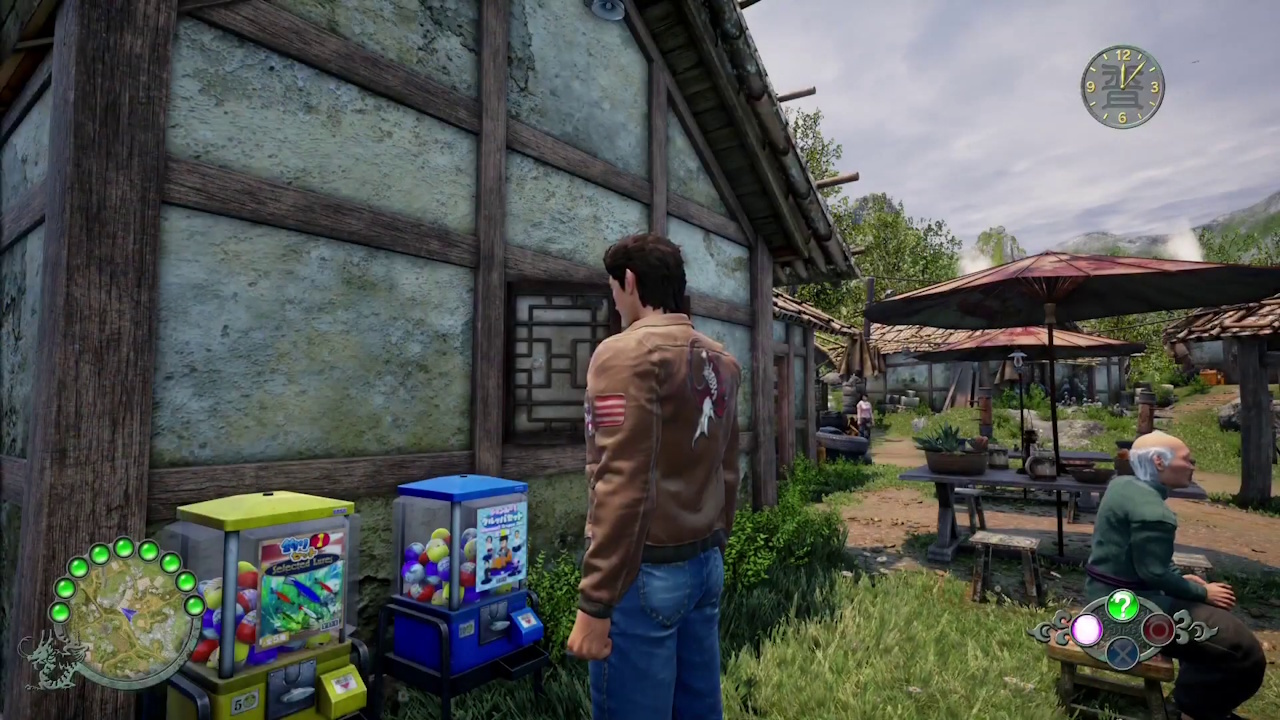 Screenshot of Shenmue III showing Ryo at a capsule machine.