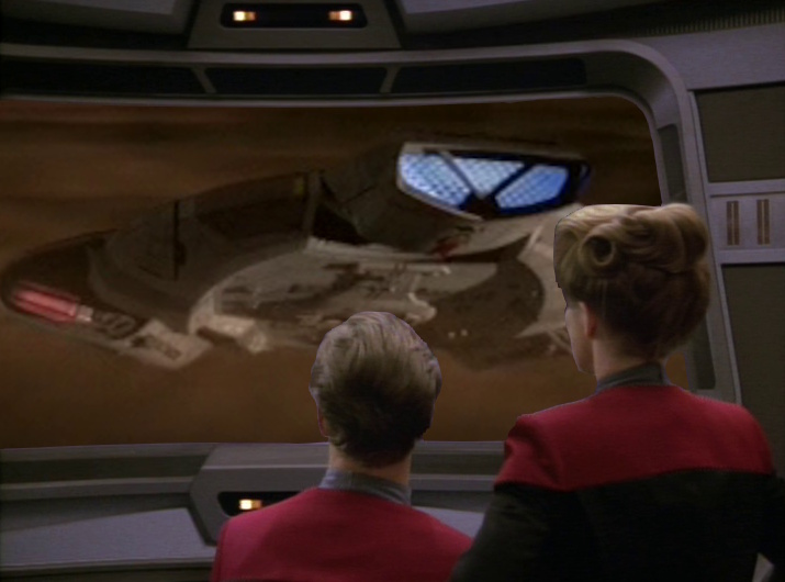 Edited still frame from two Star Trek episodes, depicting the USS Defiant as seen on the USS Voyager's viewscreen.