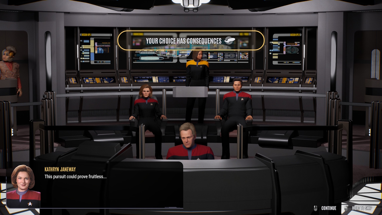 Screenshot of Across The Unknown showing the bridge/choices