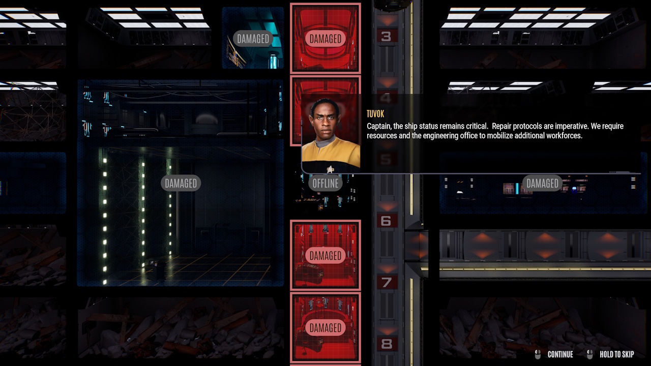 Screenshot of Across The Unknown showing Tuvok and critical systems
