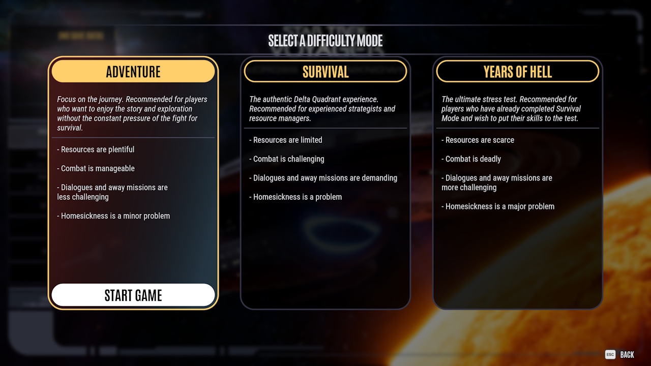 Screenshot of Across The Unknown showing difficulties