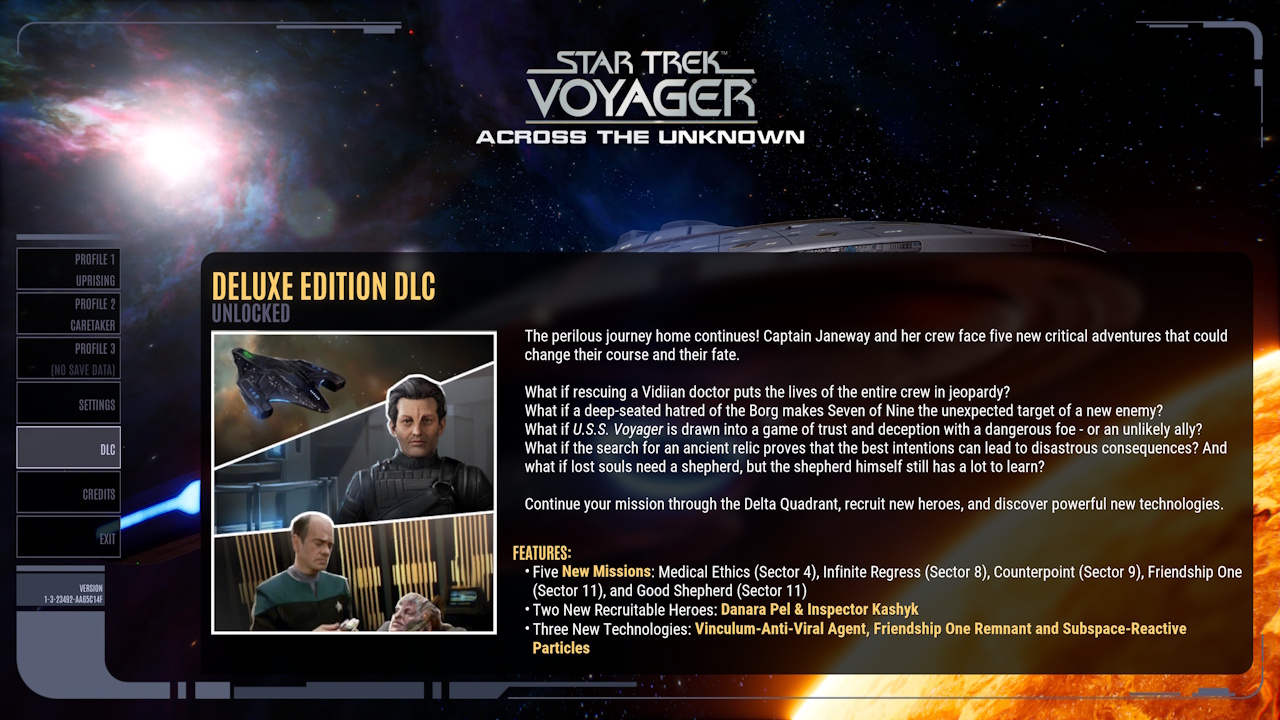 Screenshot of Across The Unknown showing the DLC main menu