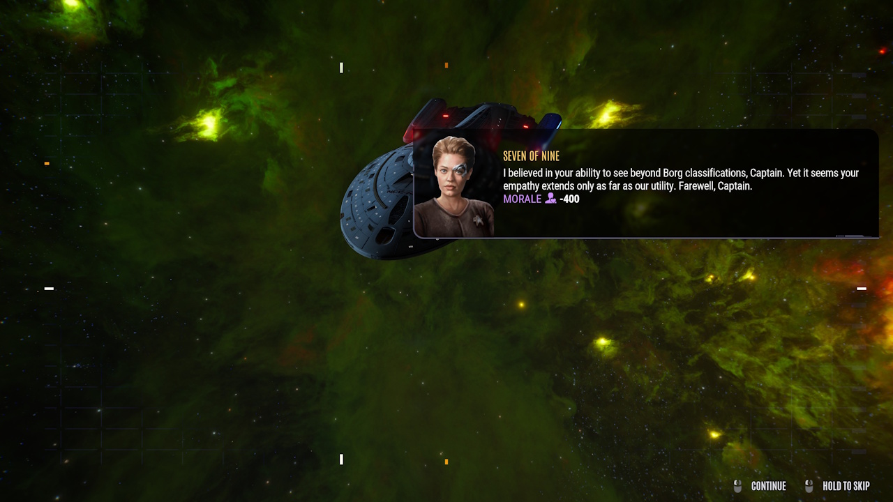 Screenshot of Across The Unknown showing Seven's farewell