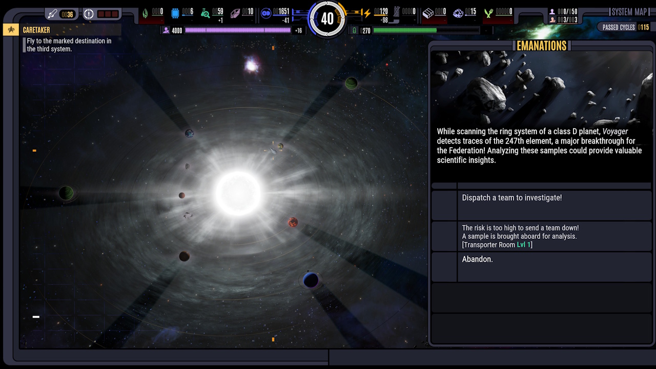Screenshot of Across The Unknown showing system view and a mission