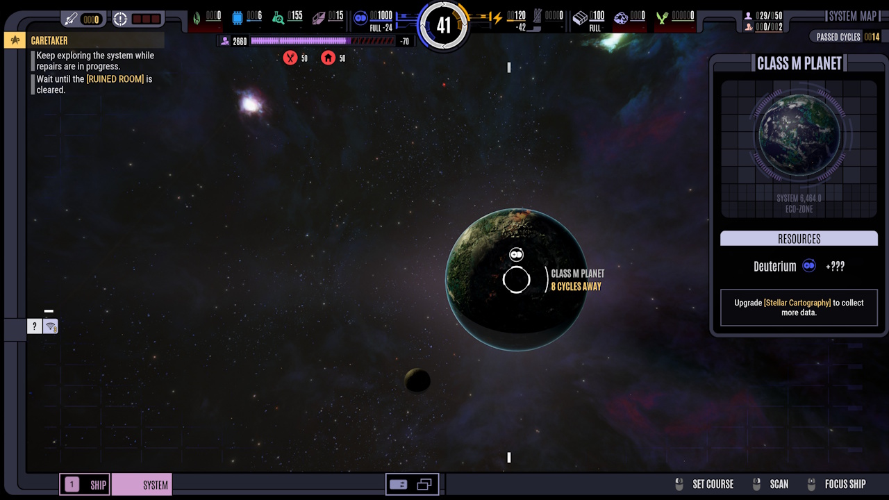 Screenshot of Across The Unknown showing a Class M planet.