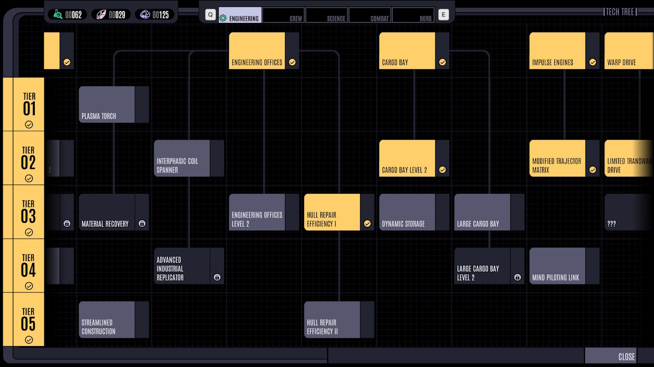 Screenshot of Across The Unknown showing the tech tree
