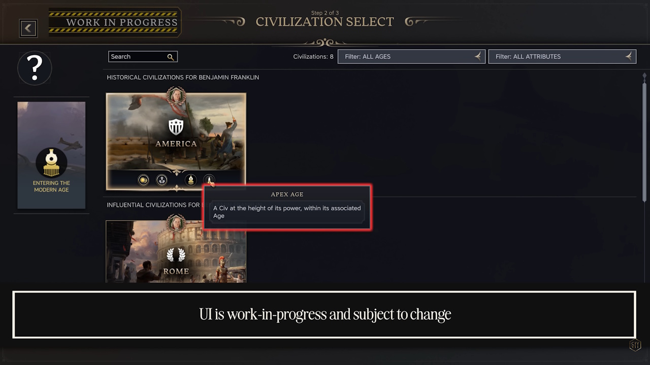 Still frame from a Civilization VII update video showing a work-in-progress new feature.