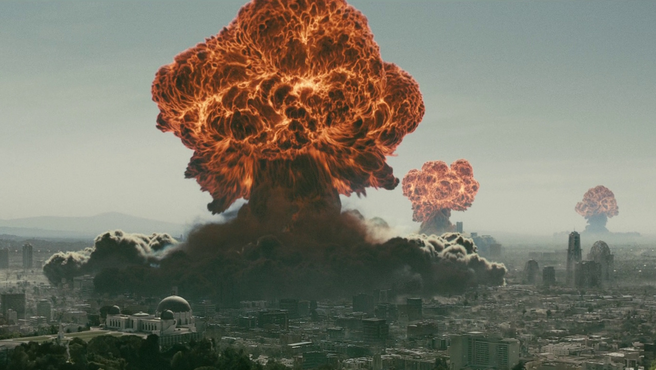 Still frame from Fallout S1 showing three nuclear detonations.