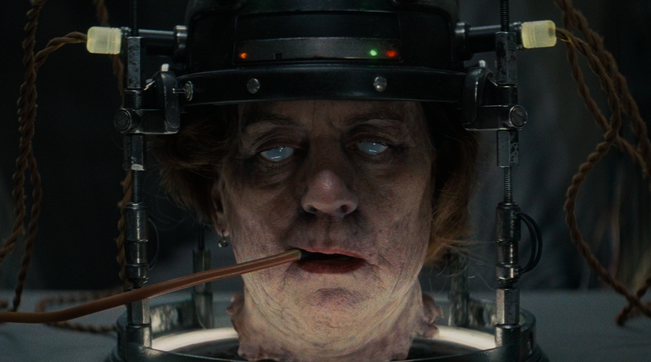 Still frame from Fallout S2 showing the Congresswoman's head.