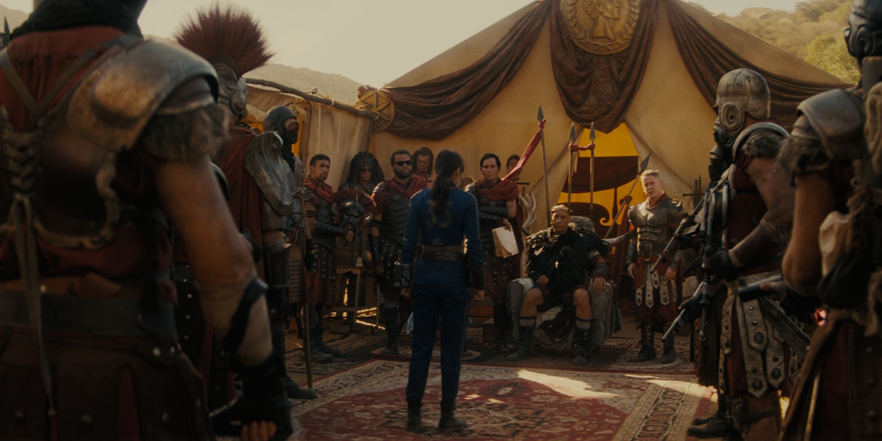 Still frame from Fallout S2 showing Lucy and the Legion.