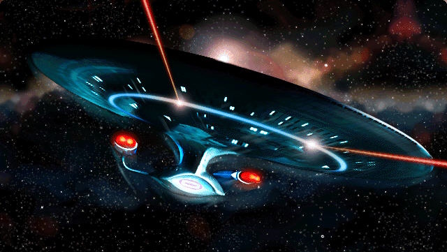 Screenshot from Star Trek: Generations (PC game) showing the Enterprise-D firing phasers.