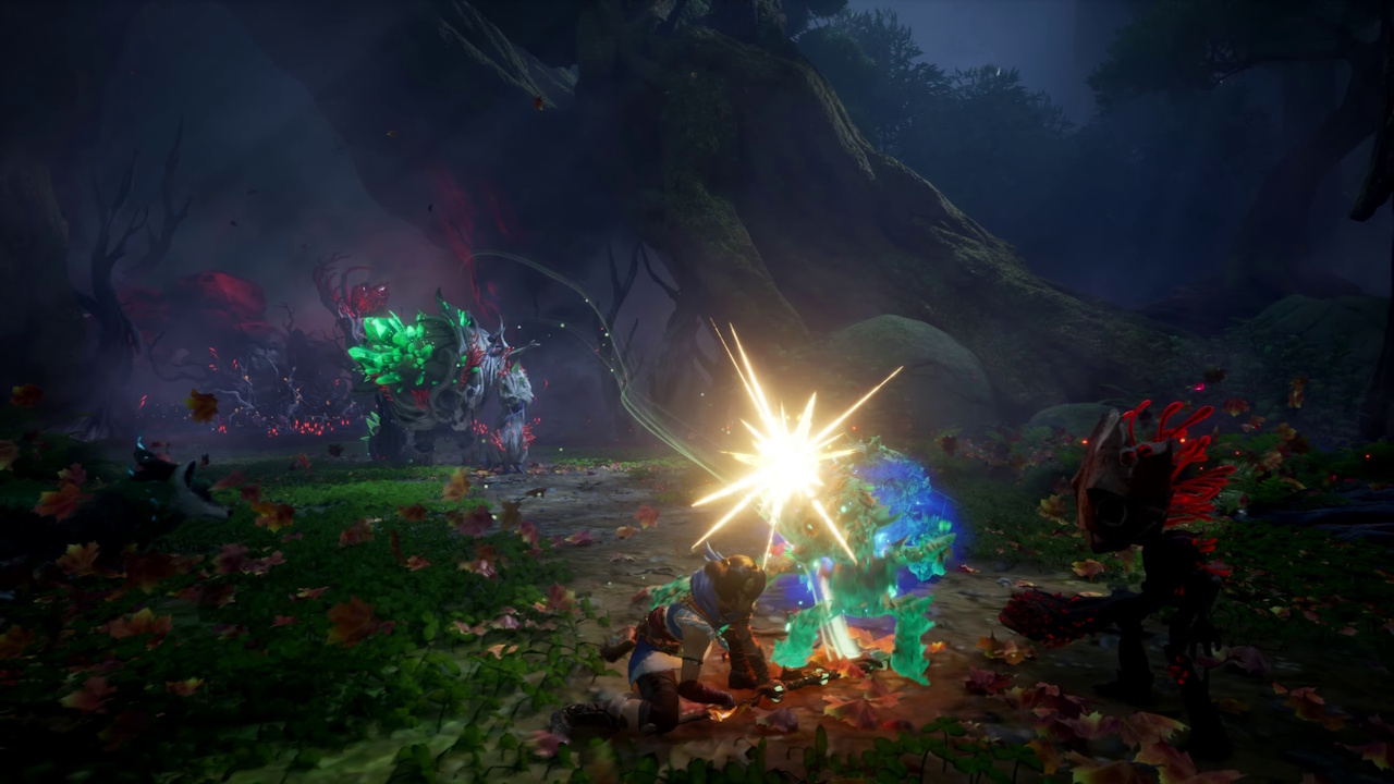 Still frame from the Kena: Scars of Kosmora trailer showing a combat encounter.