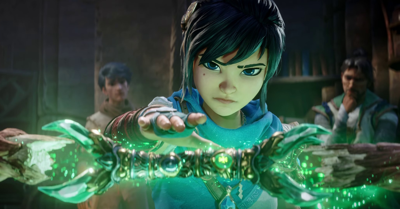 Still frame from the Kena: Scars of Kosmora trailer showing Kena repairing her staff.