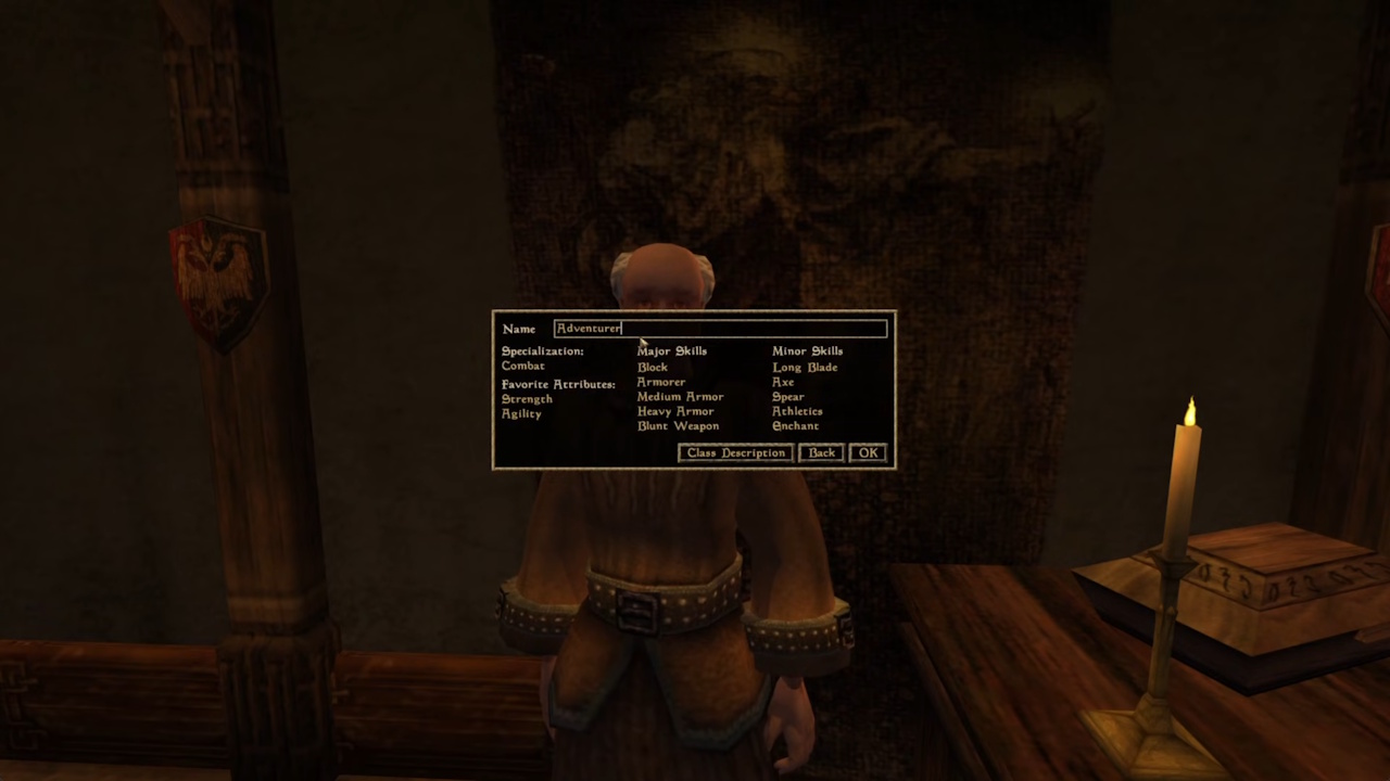 Screenshot from The Elder Scrolls III: Morrowind showing a custom class.