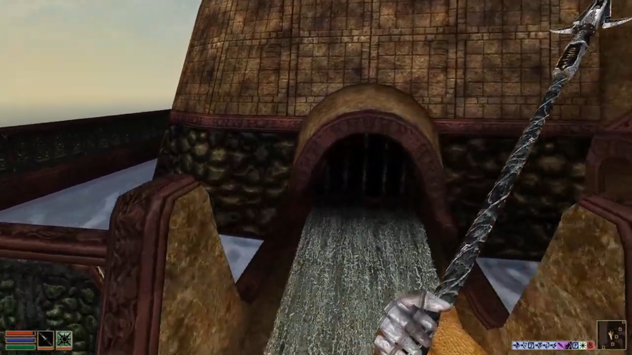 Screenshot of The Elder Scrolls III: Morrowind showing a player holding a spear.