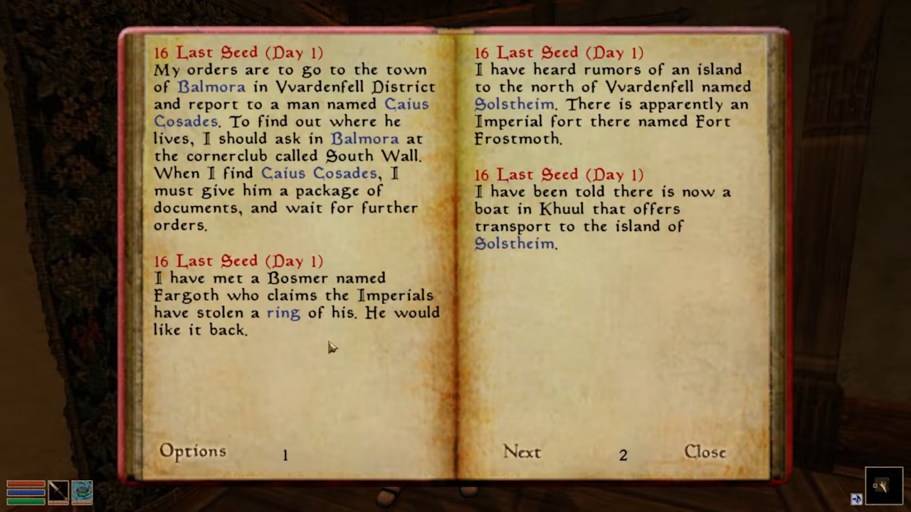 Screenshot of The Elder Scrolls III: Morrowind showing the journal.