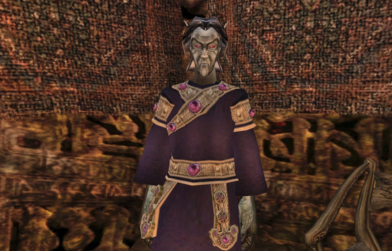 Screenshot of The Elder Scrolls III: Morrowind showing the head of House Telvanni.