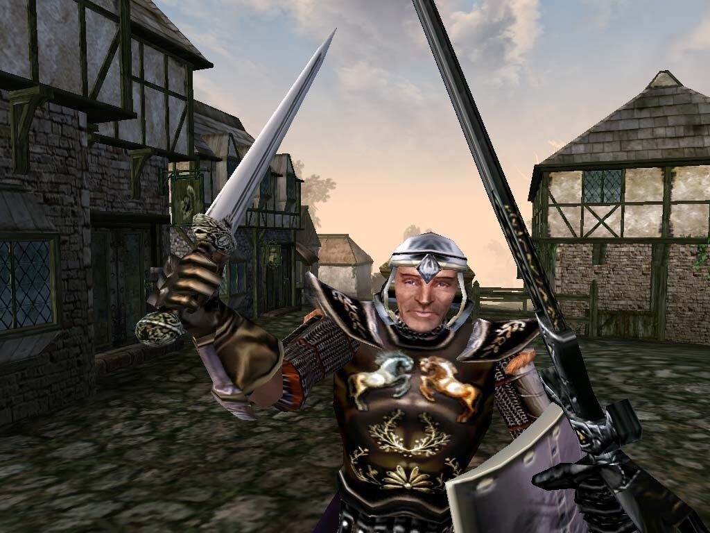 Promo screenshot of TES III: Morrowind showing combat with a guard.