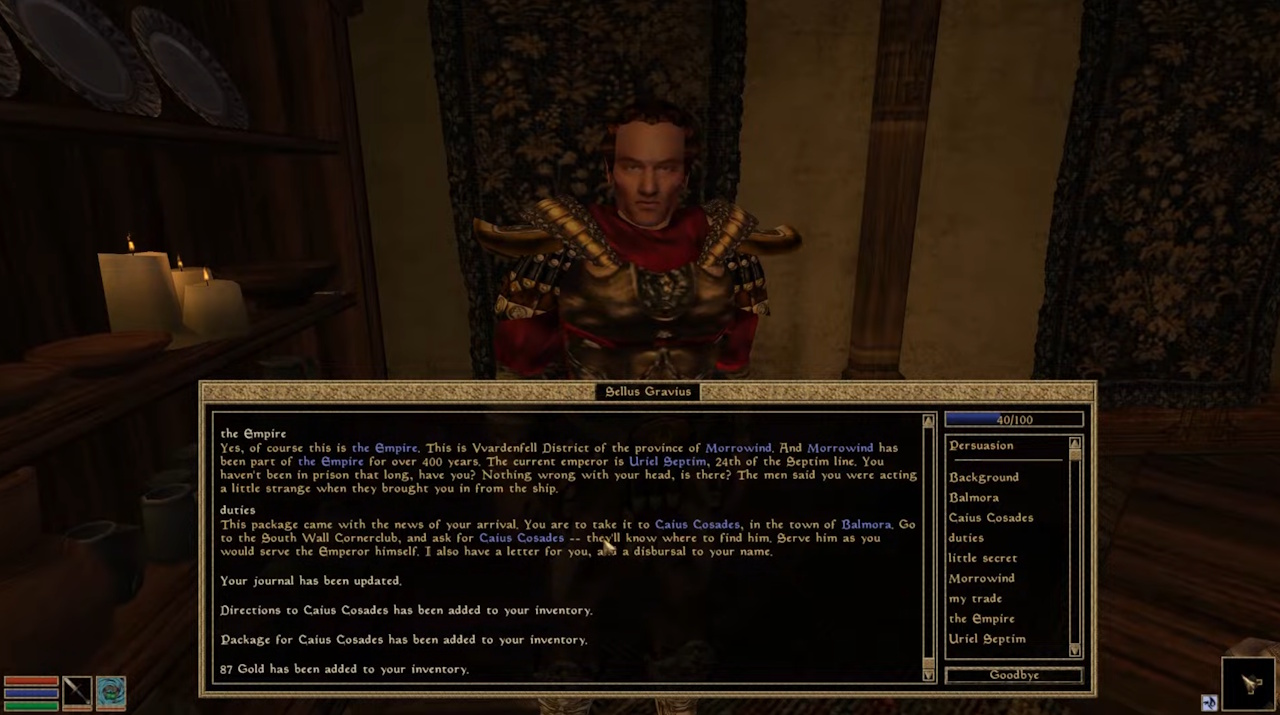Screenshot of The Elder Scrolls III: Morrowind showing an NPC text box.