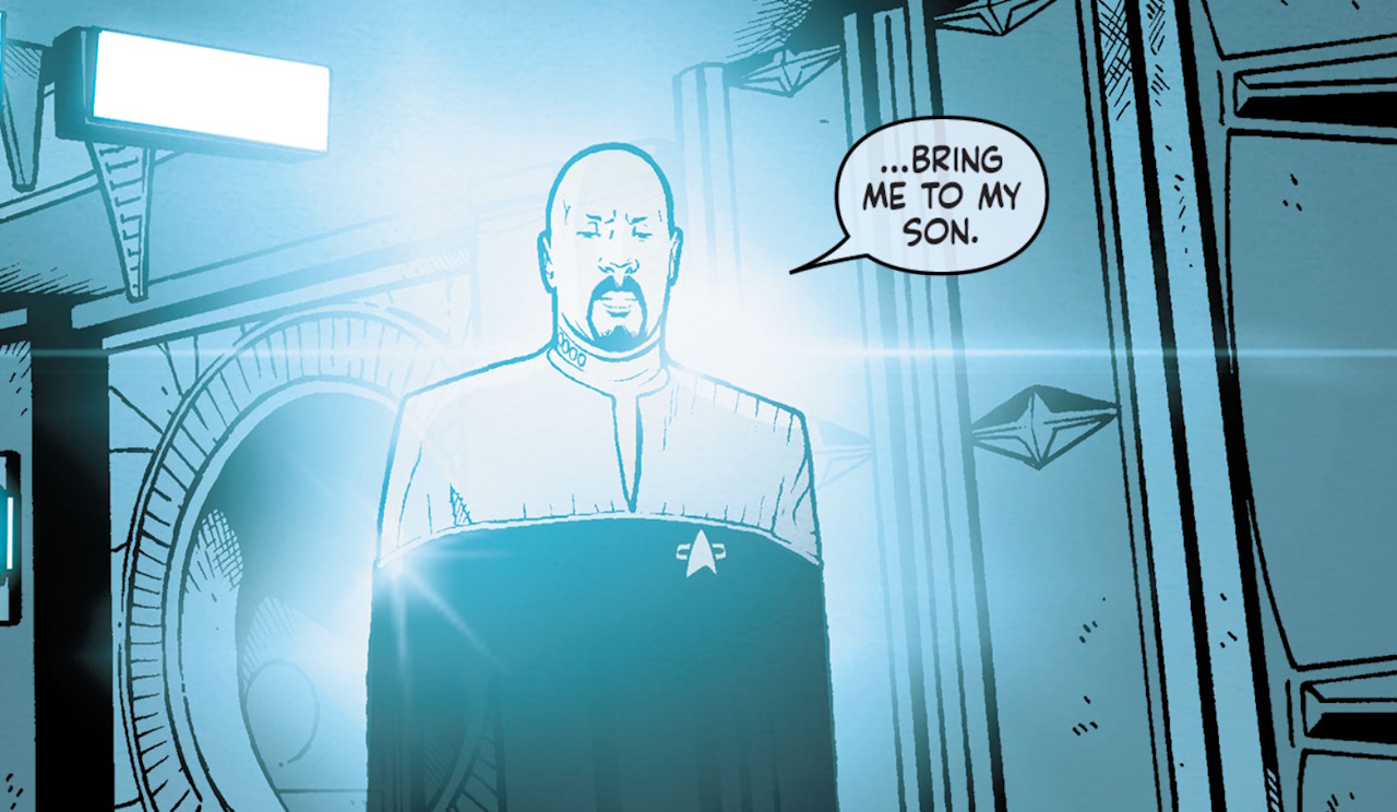 Crop from the comic Star Trek: Godshock showing Sisko's return.