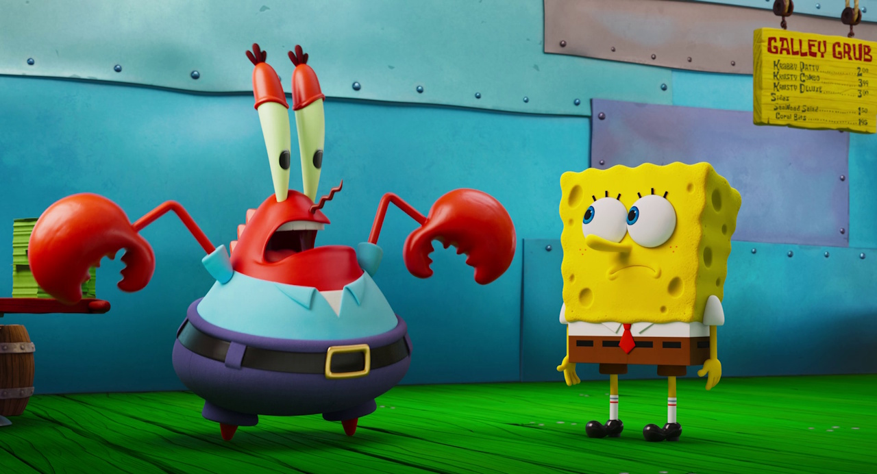 Still frame from The SpongeBob Movie: Search for SquarePants (2025) showing Mr Krabs and SpongeBob.