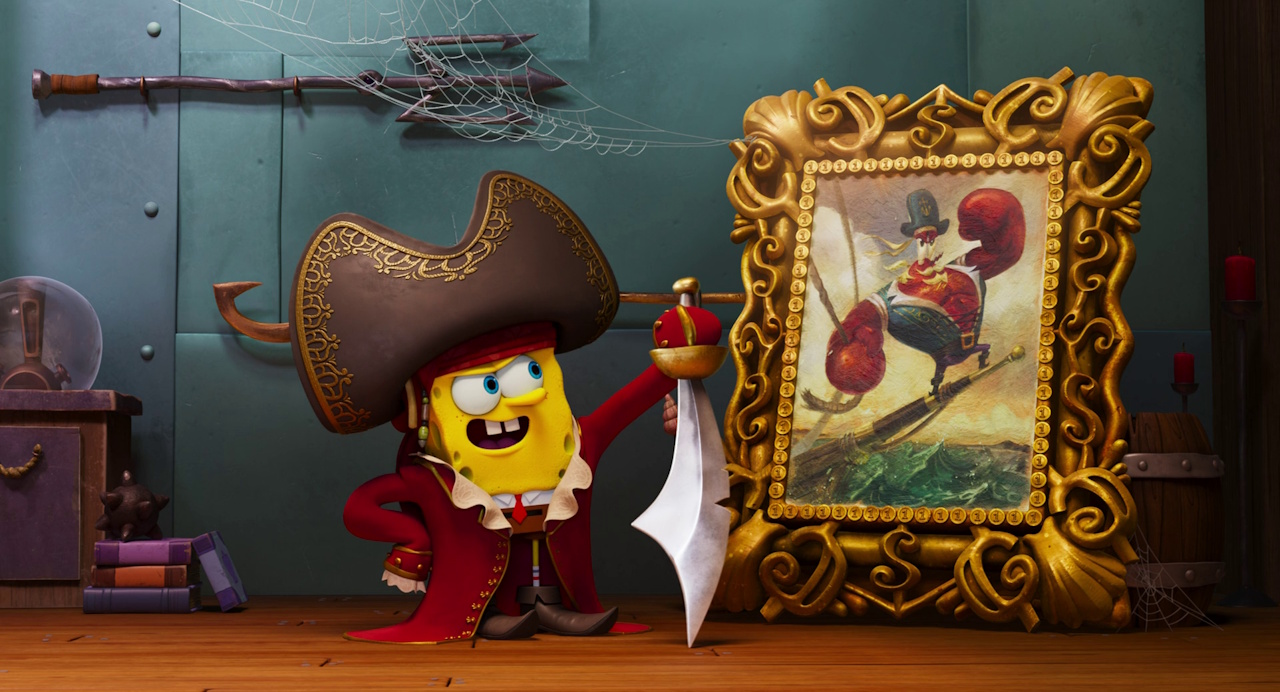 Still frame from The SpongeBob Movie: Search for SquarePants (2025) showing SpongeBob dressed as a pirate.