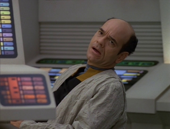 Still frame from Star Trek: Voyager showing Dr Zimmerman.
