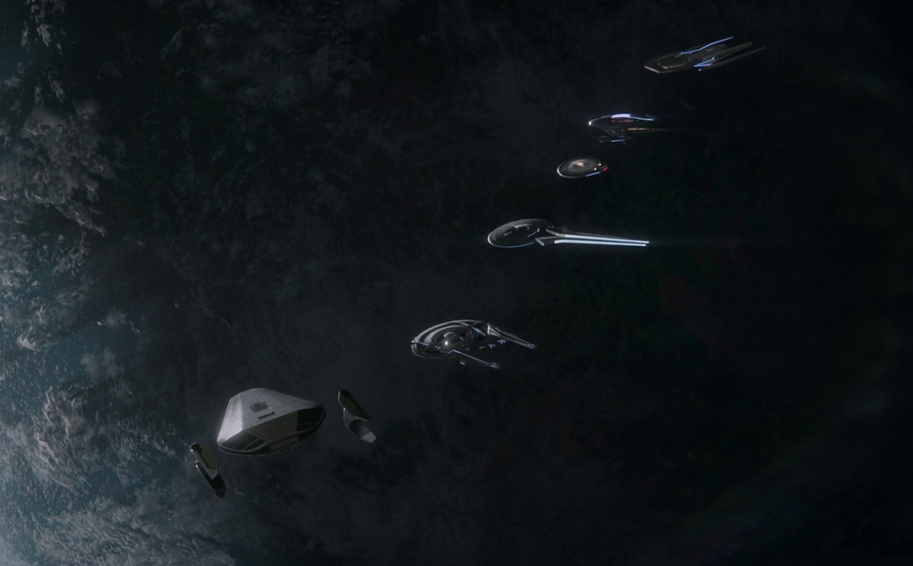 (Cropped) still frame from Star Trek: Starfleet Academy S1 showing a Federation fleet.