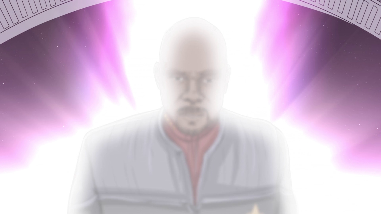 Still frame from What We Left Behind (DS9 documentary) showing Sisko's return.