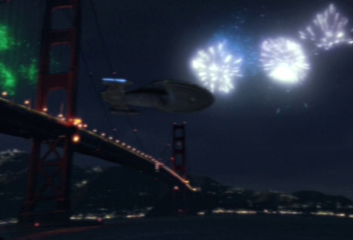 Still frame from Star Trek: Voyager Endgame showing USS Voyager coming home