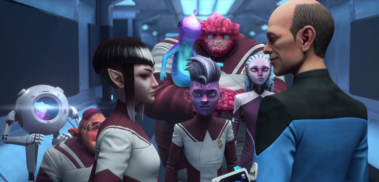 Still frame from Star Trek Prodigy 1x06 showing the Doctor and the cadets