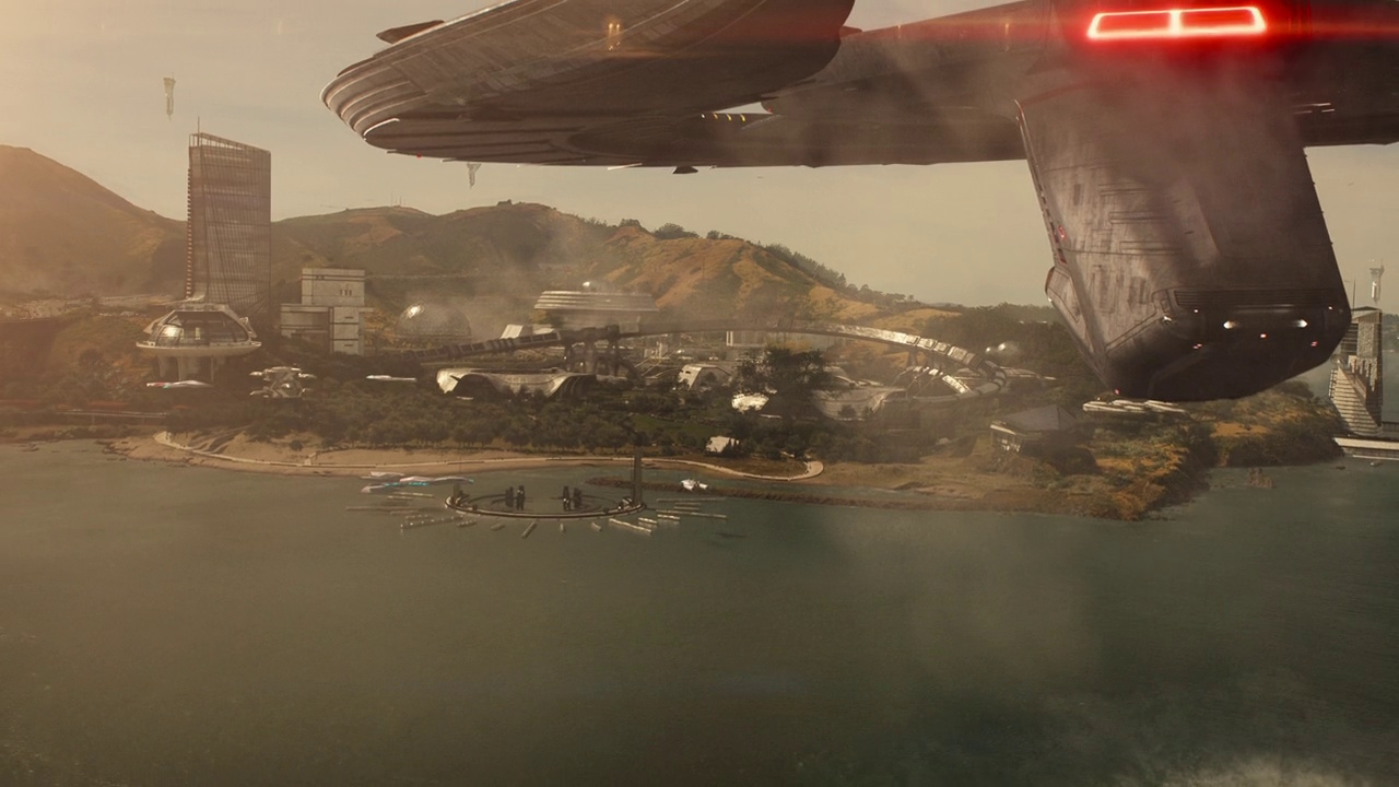 Still frame from Kids These Days showing the USS Athena at San Francisco