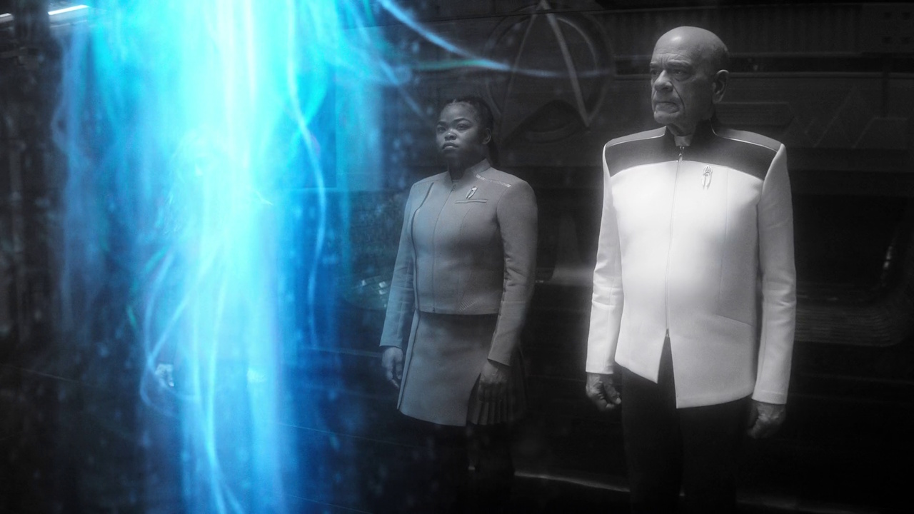 Still frame from The Life of the Stars showing Sam and the Doctor