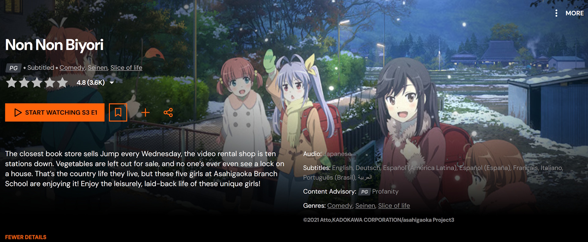 Screenshot of Crunchyroll showing the splash page for Non Non Biyori