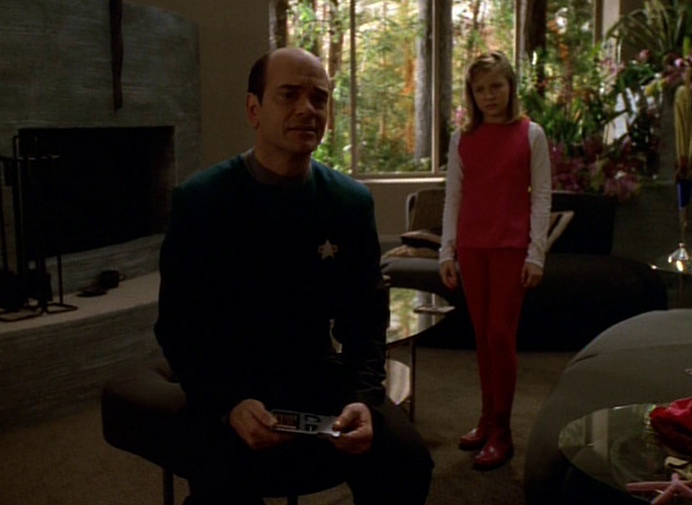 Still frame from Star Trek Voyager Real Life showing the Doctor and Belle