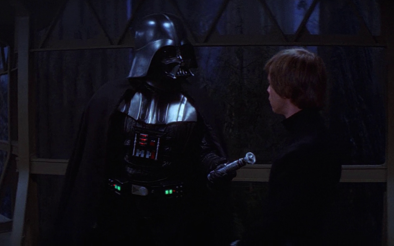 Still frame from Return of the Jedi showing Vader and Luke on Endor