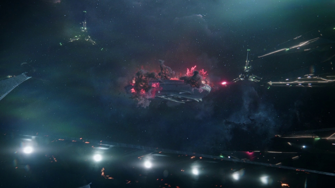 Still frame from Rubincon showing Venari Ral ships firing on the Athena