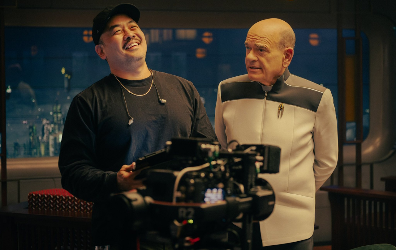 Behind-the-scenes photo from Starfleet Academy S01 showing Larry Teng and Robert Picardo