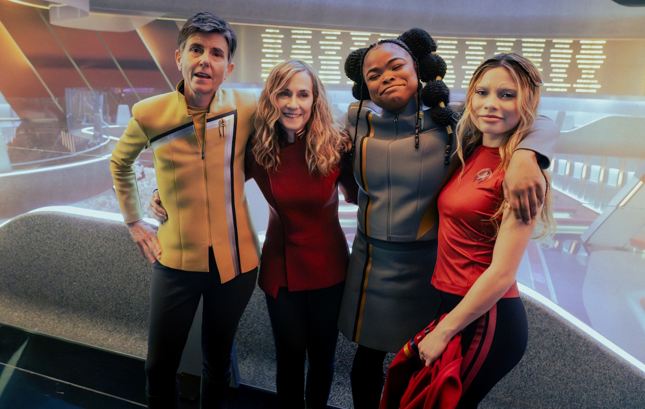 Behind-the-scenes photo from Starfleet Academy S1 showing four main cast members