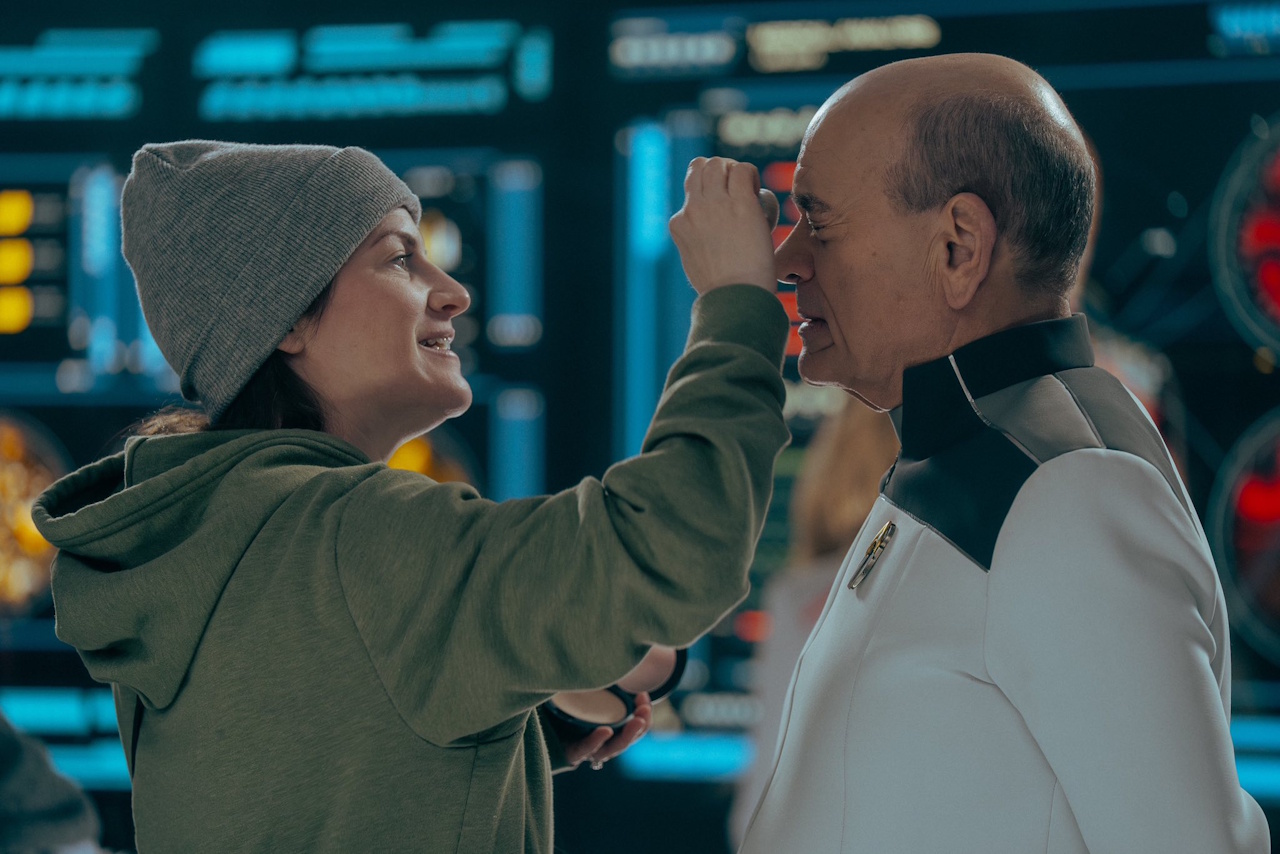 Behind-the-scenes photo from Star Trek SFA S1 showing the Doctor's makeup
