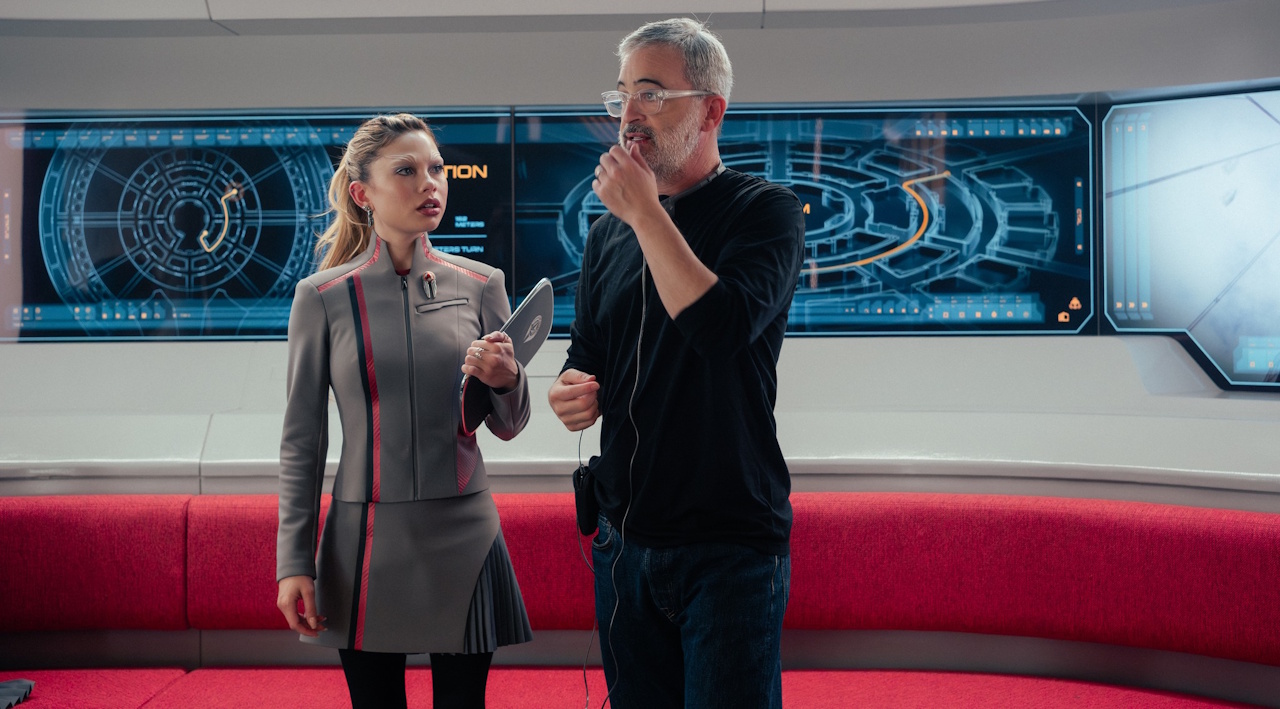 Behind-the-scenes photo from Star Trek Starfleet Academy S1 of Alex Kurtzman and Bella Shepard