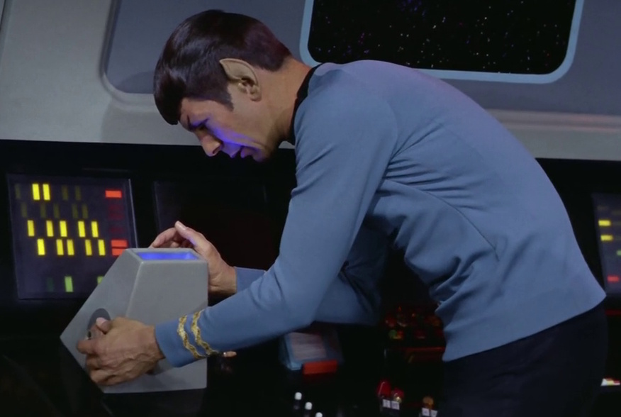 Still frame from The Enterprise Incident showing Spock and the scanner