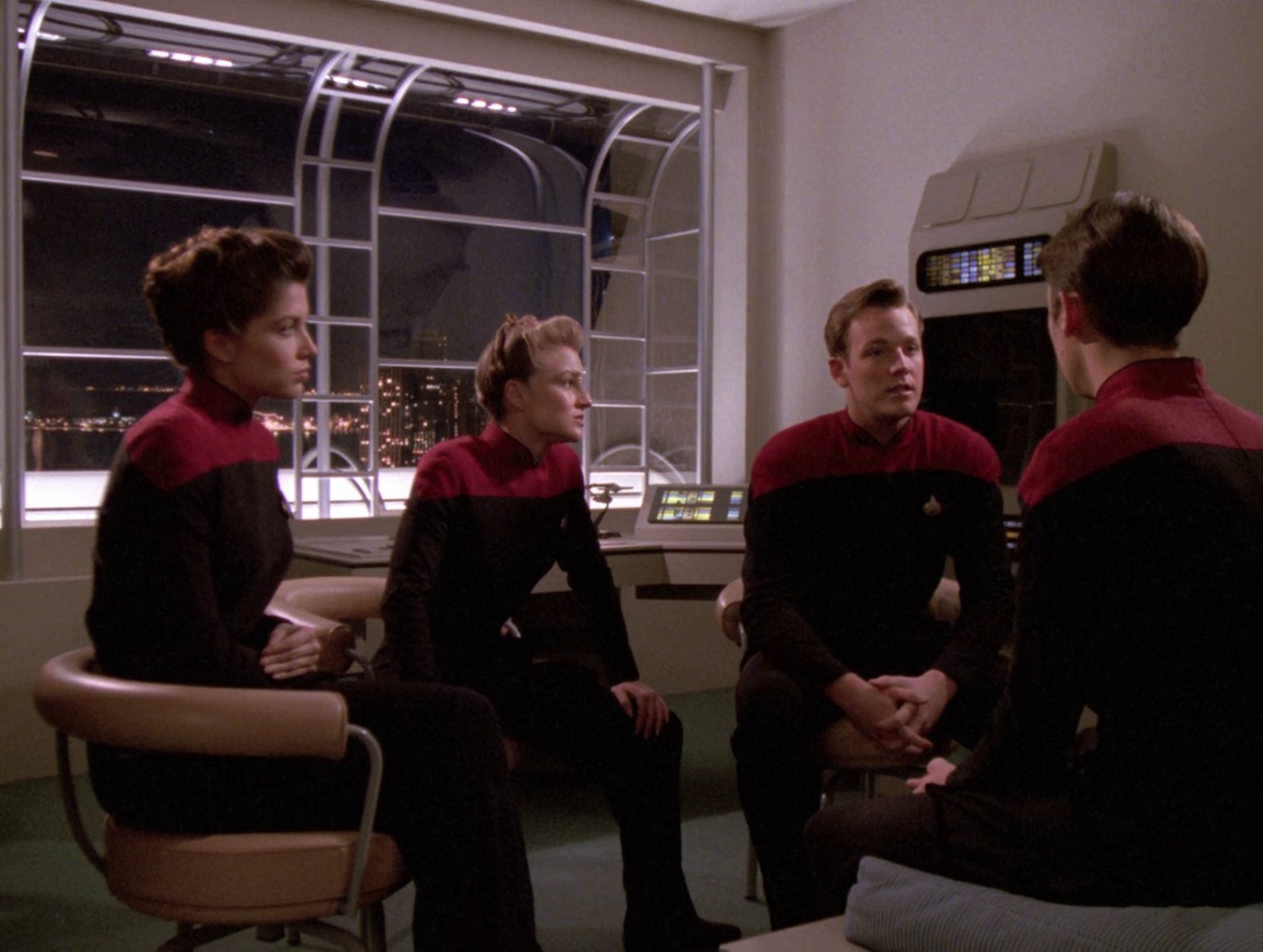 Still frame from Star Trek TNG S5 showing four cadets