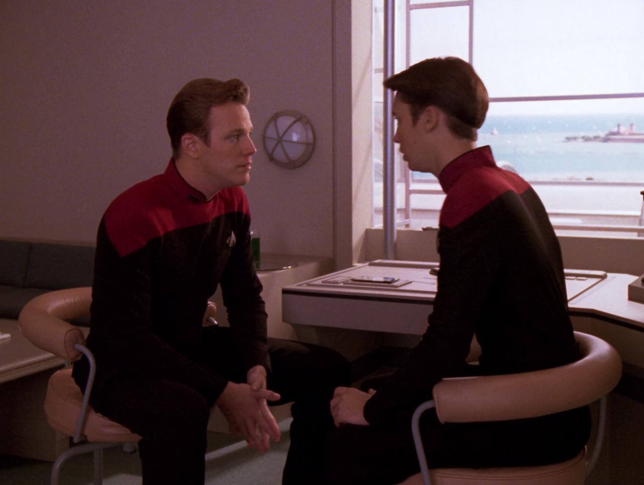 Still frame from Star Trek TNG S5 showing Nick and Wesley