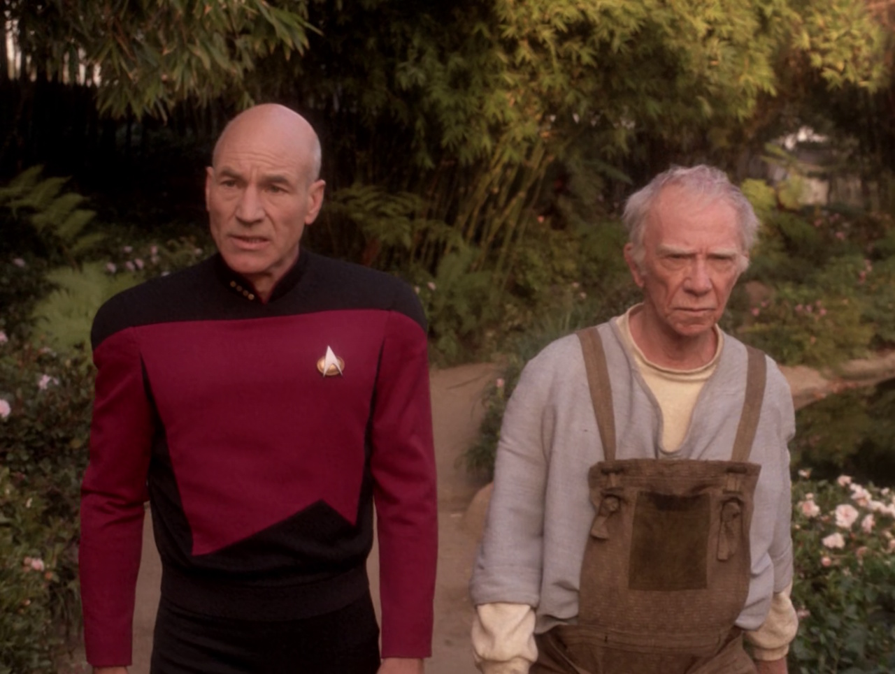 Still frame from Star Trek TNG S5 showing Picard with Boothby