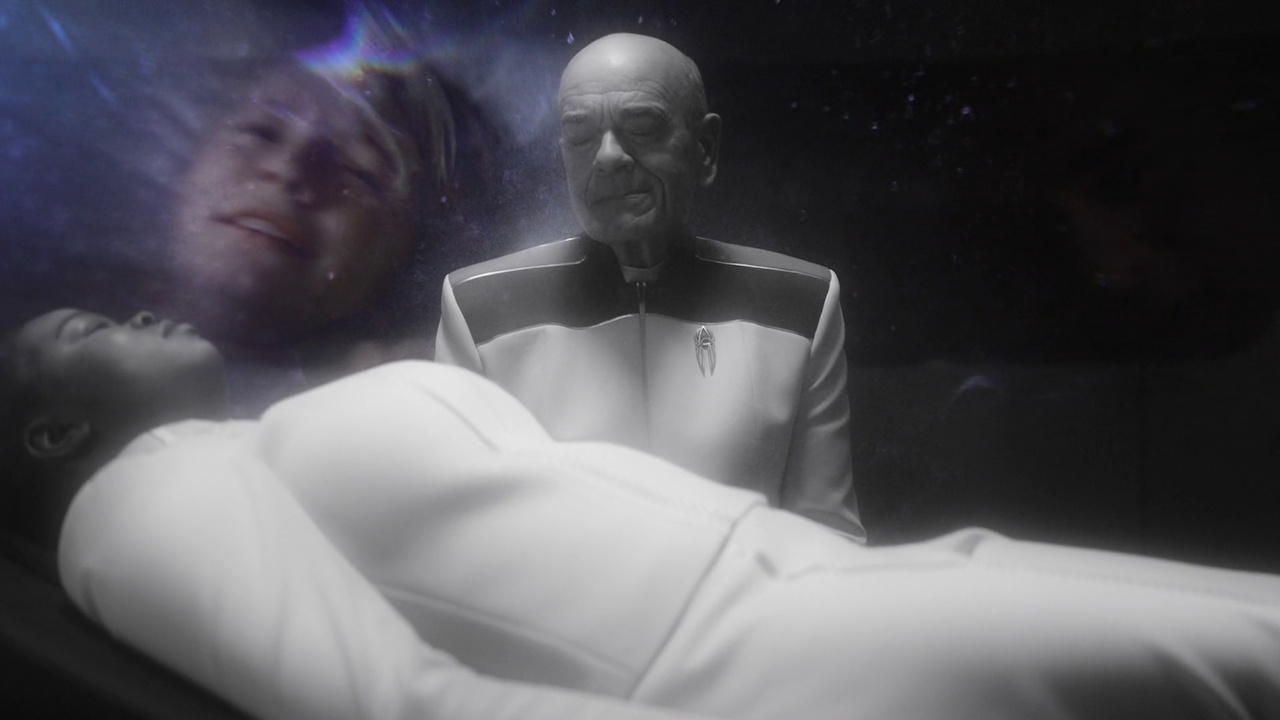 Still frame from Star Trek SFA 1x08 showing the Doctor, Sam, and memories