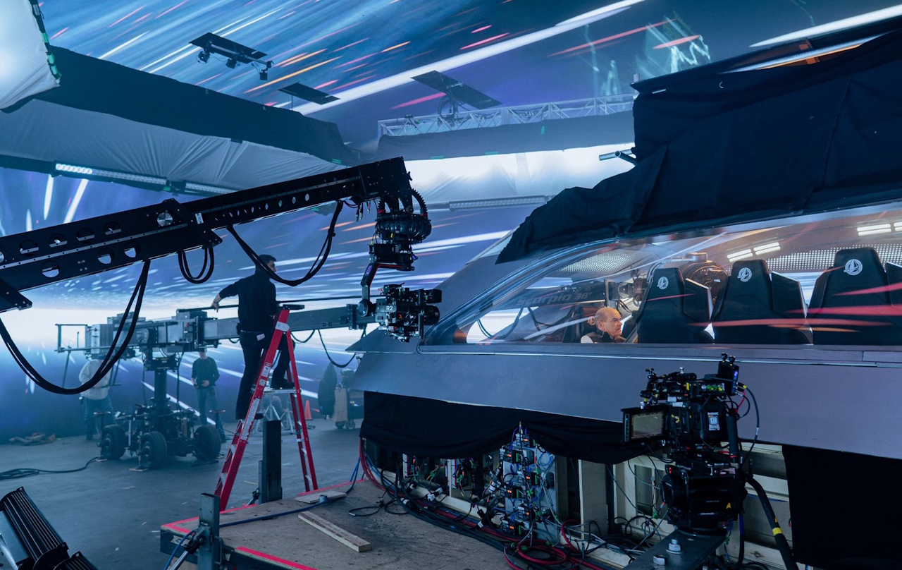 Behind-the-scenes photo from Star Trek SFA S1 showing the shuttle set