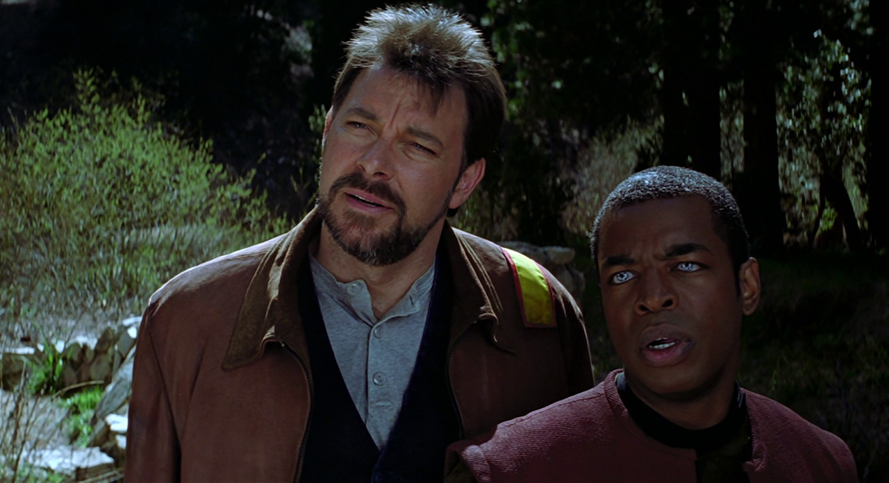 Still frame from Star Trek First Contact showing Riker and Geordi