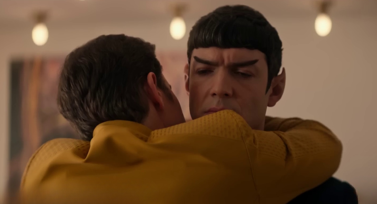 Still frame from the Strange New Worlds S4 trailer showing a hug