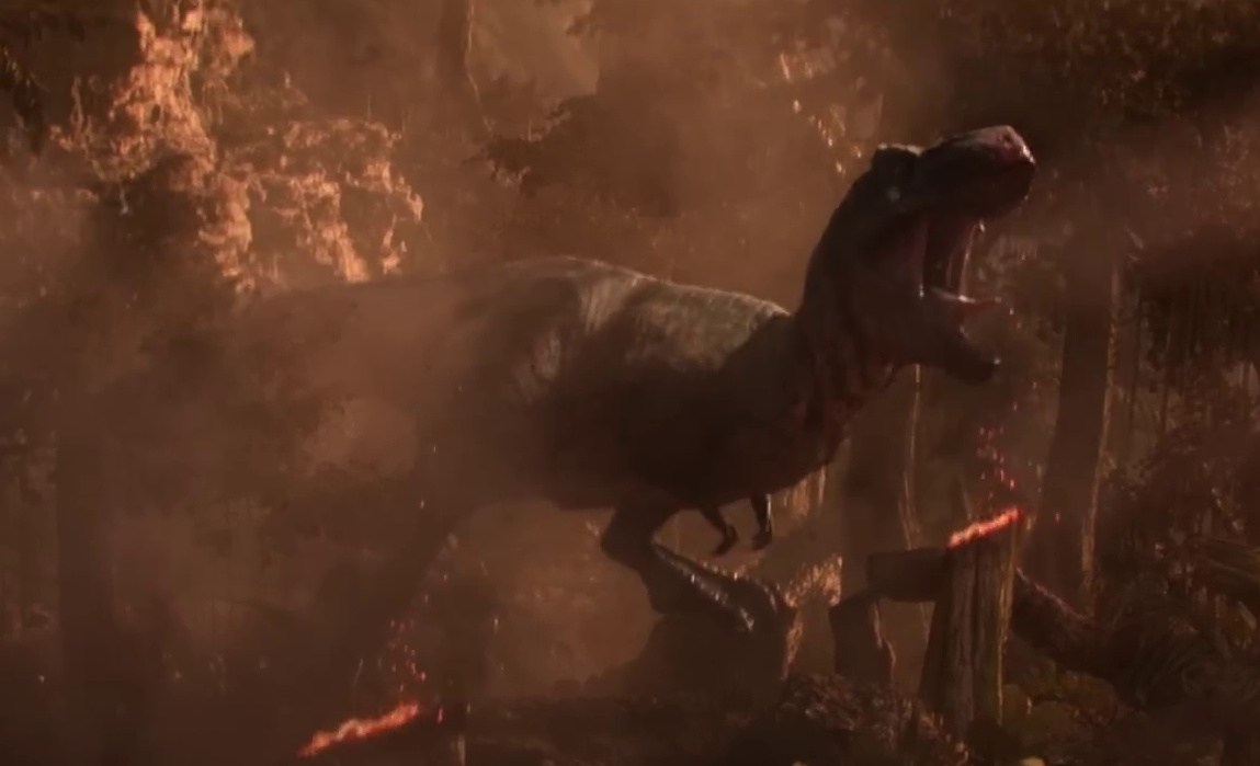 Still frame from the Strange New Worlds S4 trailer showing a T Rex